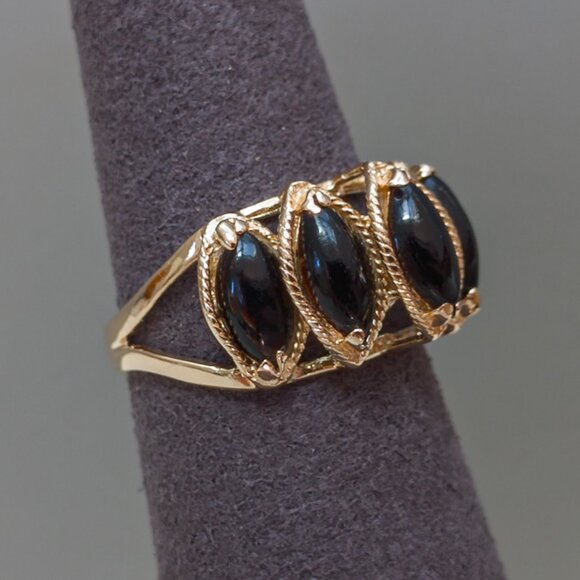 14K Gold 5-Stone Black Coral Ring – Marquise Cabochons, Size 5¼ - Picture 15 of 16